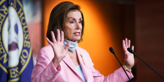 House Speaker Nancy Pelosi, D-Calif., meets with reporters at the Capitol in Washington, Wednesday, Aug. 25, 2021. 